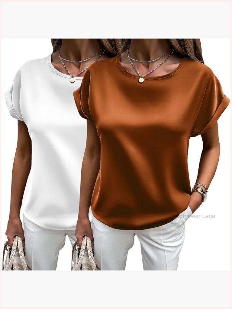 Women's Short Sleeve Satin Blouse Tunic Loose Fit Crewneck Work Top